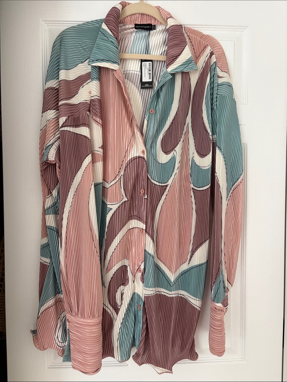 Stone abstract print plisse frill hem shirt dress